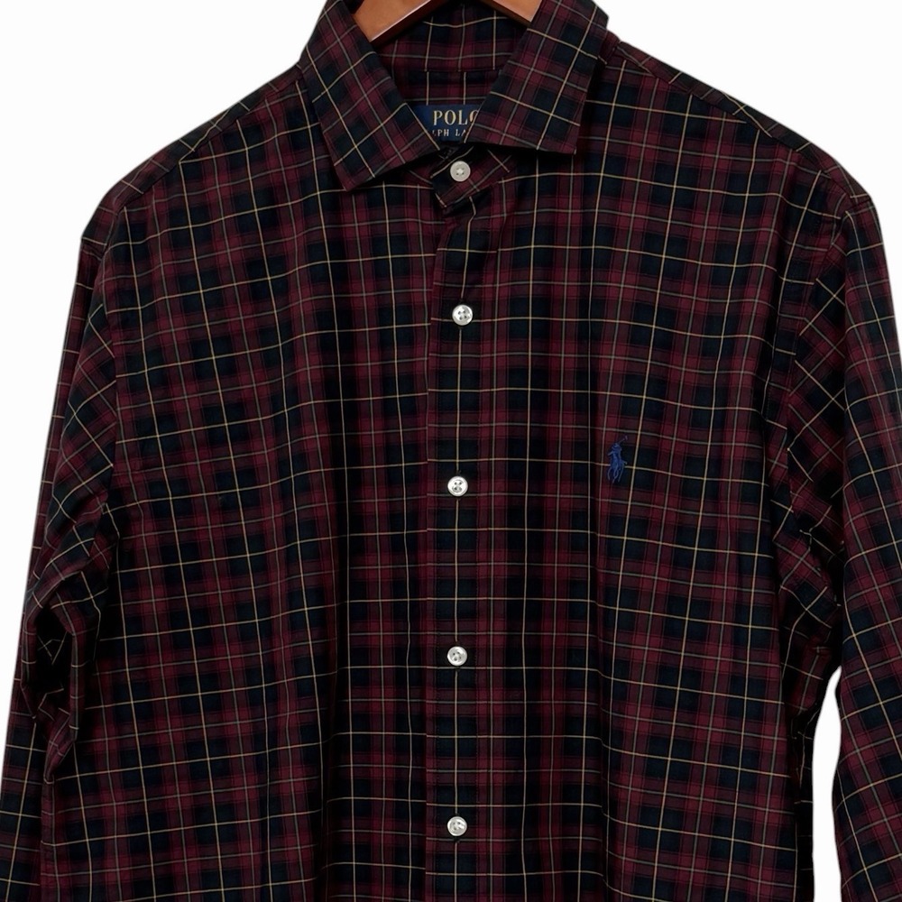 Polo Ralph Lauren Classic Fit Plaid Button Front Shirt Mens L 16.5 Burgundy Blue